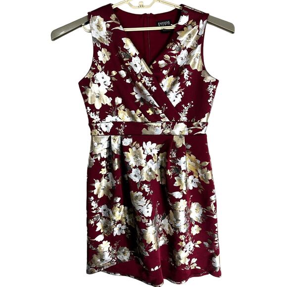 Enfocus Studio Dress Size 14 Burgundy Gold Silver Metallic Fit Flare VNeck Y2K - Picture 2 of 8